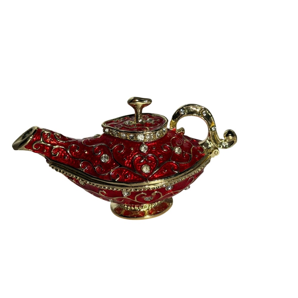 Vintage Genie Lamp Trinket Box Red Enamel Gold Metal Crystal